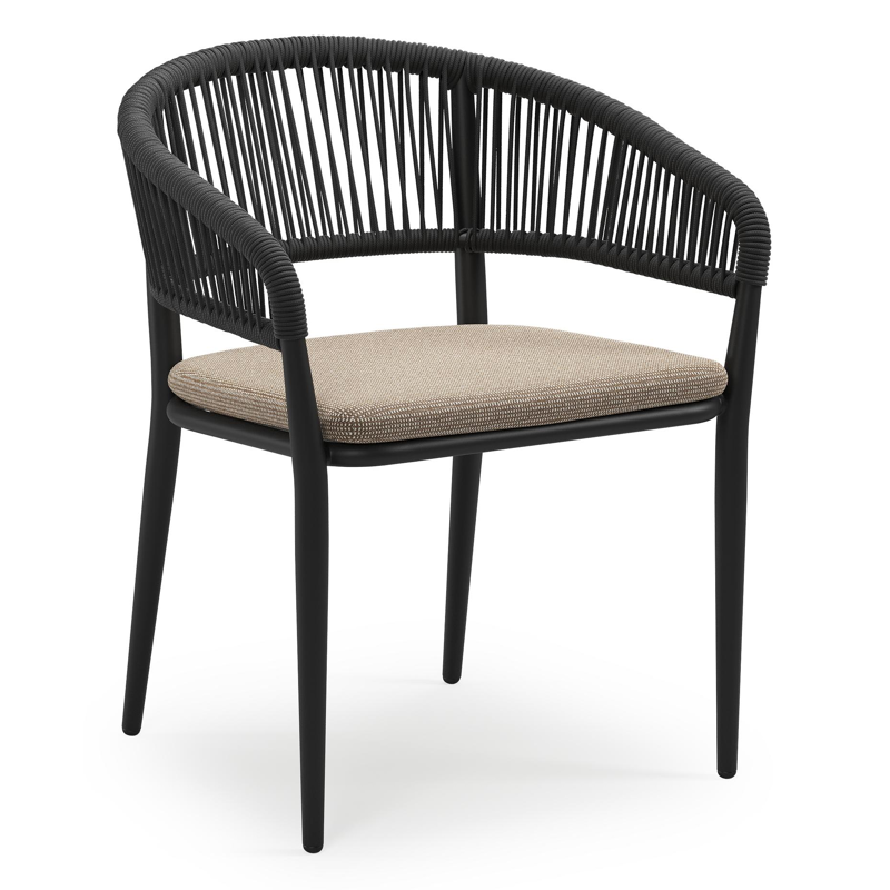Tolfa stapelbare tuinstoel in zwart aluminium en zwart verticaal geweven ronde rope met stoelkussen in All Weather Solica Firenze Earth