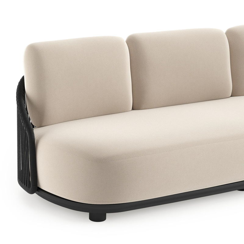 Vadelo loungebank in zwart aluminium en zwart verticaal geweven ronde rope met lopi antique all weather sunbrella® luxe kussen