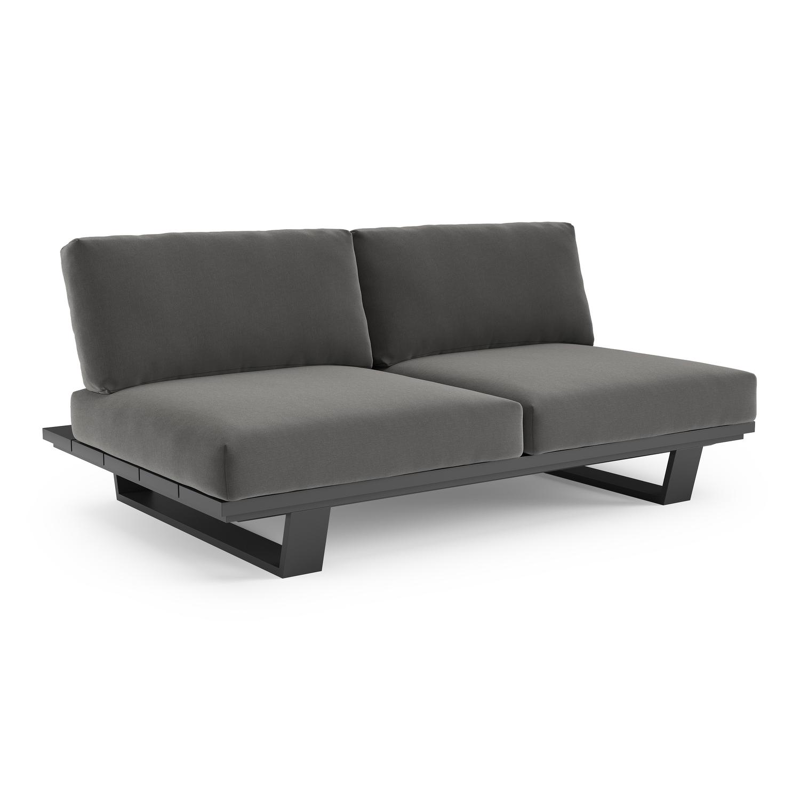 Canapé de jardin Pagino en aluminium noir et coussins en all weather sunbrella® luxe natte charcoal chine