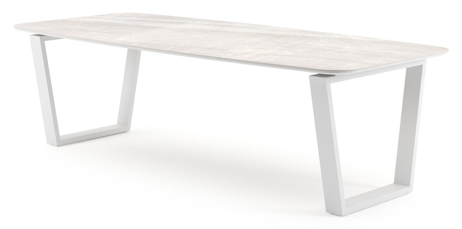 Table de jardin Pagino forme de bateau en aluminium blanc et céramique pleine Taj Mahal - Lg. 255 x Lrg. 115 x Haut. 73 cm