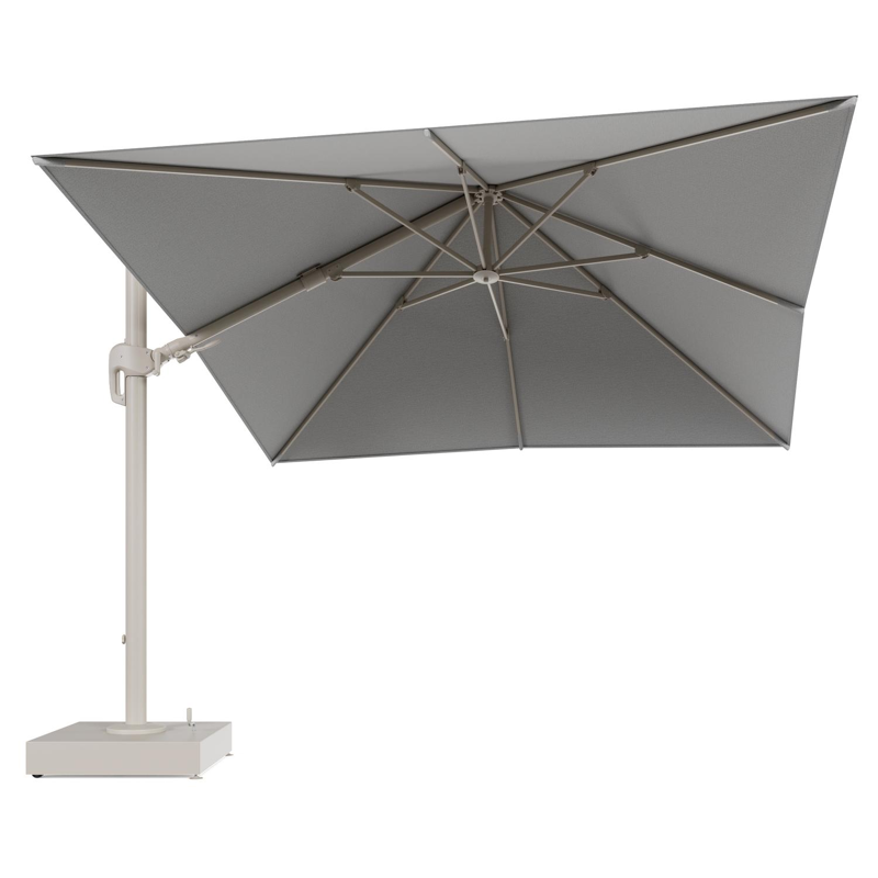 Rufina zweefparasol met tiltfunctie in beige aluminium en Savane Nimbus All Weather Sunbrella® Luxe parasoldoek - L1 300 x L2 300 cm met parasolvoet Minore 150 kg met wielen