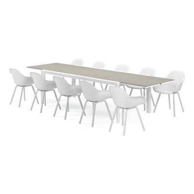 Aspra tuinset met verlengbare tafel in wit aluminium en grijs volkeramiek op glas tafelblad met 10 Puglia tuinstoelen