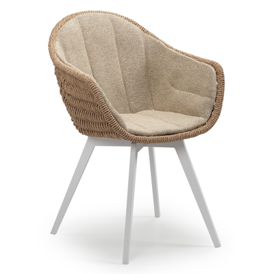 Pagino tuinstoel in wit aluminium en naturel ronde wicker met zitkussen in All Weather Cosytica Madagascar Oak