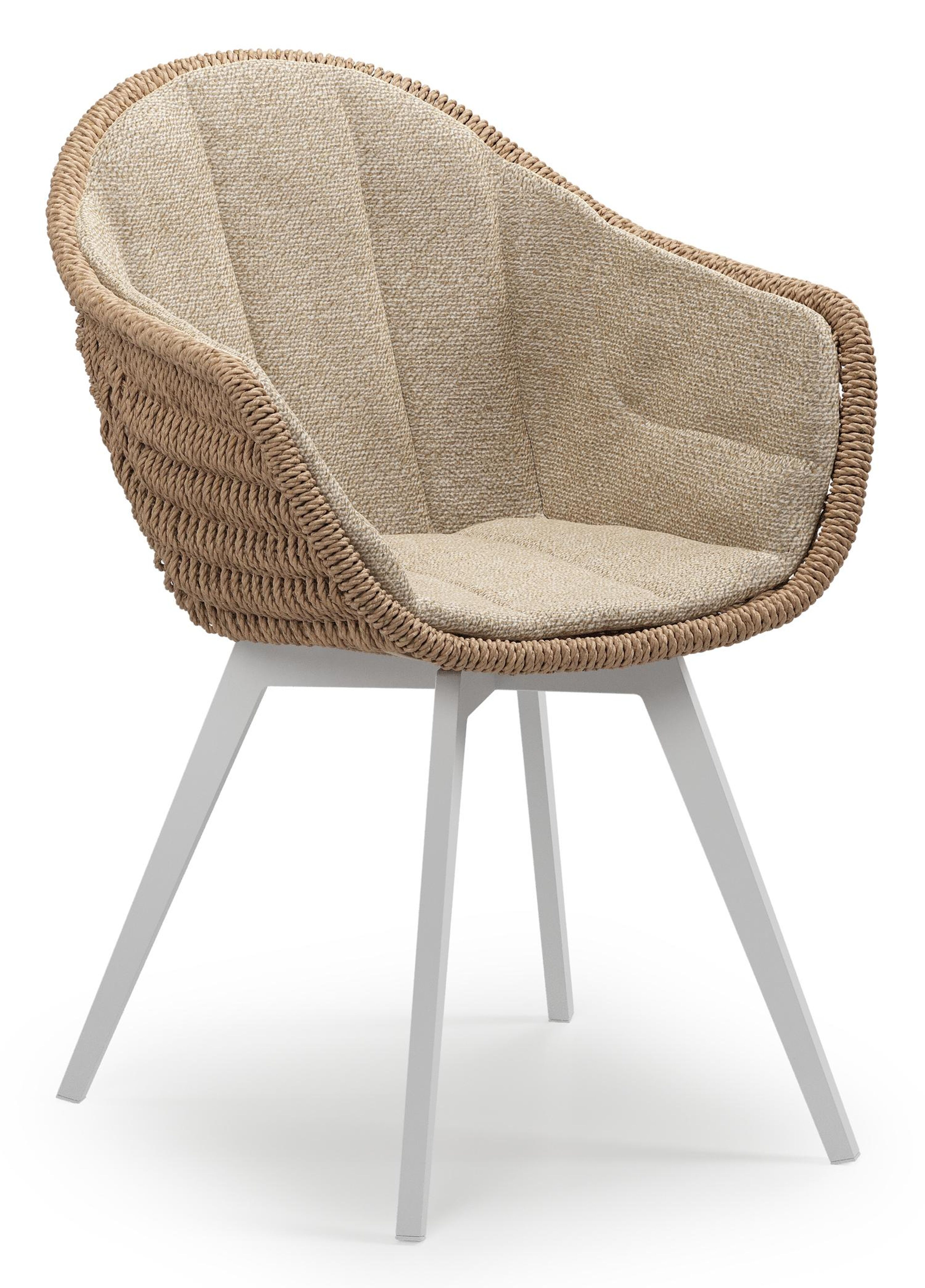 Pagino tuinstoel in wit aluminium en naturel ronde wicker met zitkussen in All Weather Cosytica Madagascar Oak