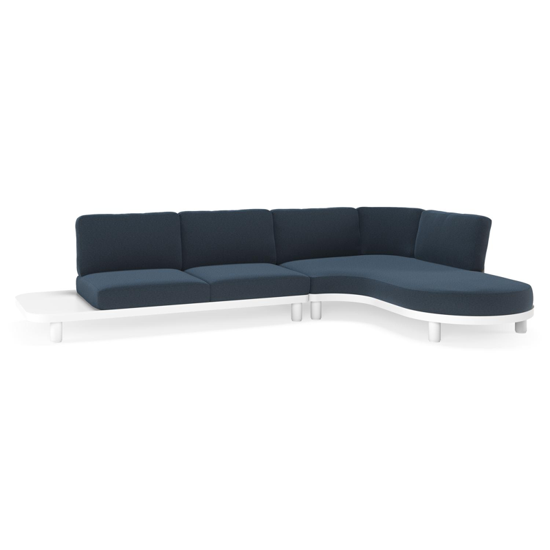 Salon de jardin d'angle Donato en aluminium blanc et coussins en All Weather Sunbrella® luxe Heritage Indigo