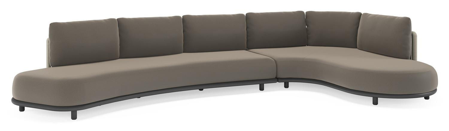 Lomano loungehoek in zwart aluminium en beige verticaal geweven luxe vlakke rope met Natte Carbon Beige all weather sunbrella® luxe