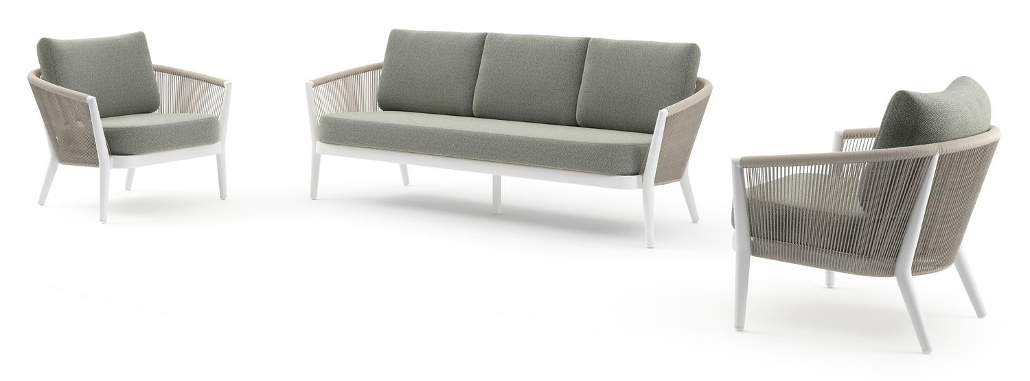 Orso loungeset in wit aluminium en beige verticaal geweven ronde rope met Savane Leaf all weather sunbrella® luxe kussen