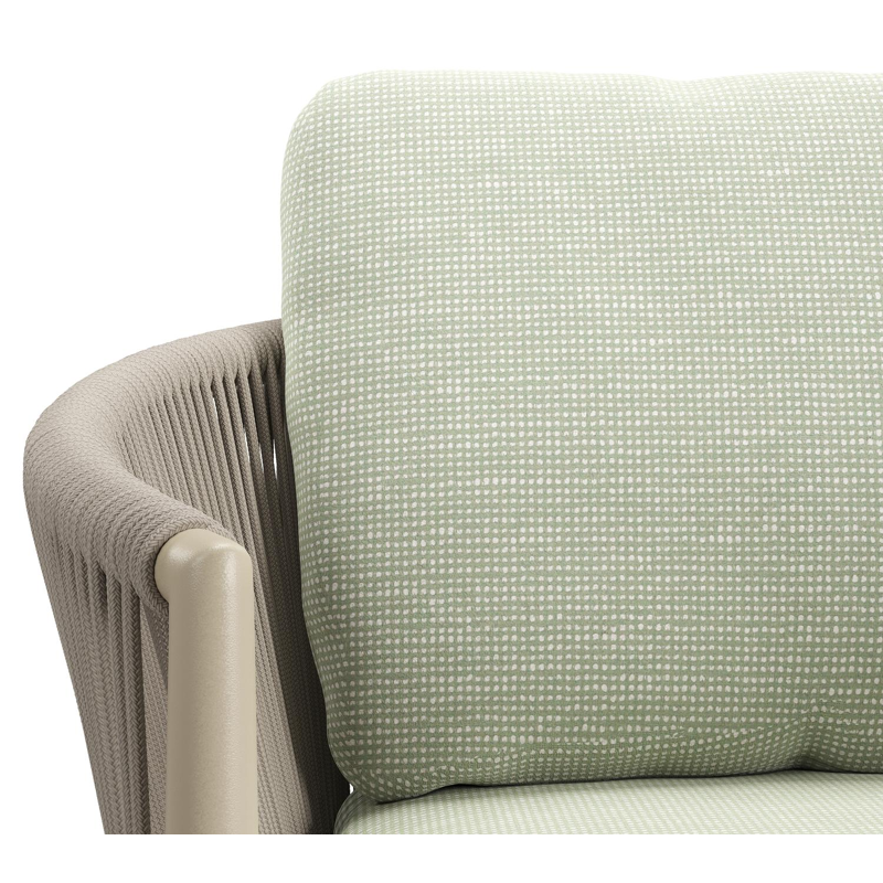 Organo tuinstoel in zwart aluminium en beige verticaal geweven ronde rope met stoelkussen in All Weather Sunbrella® Luxe Slow Spirea