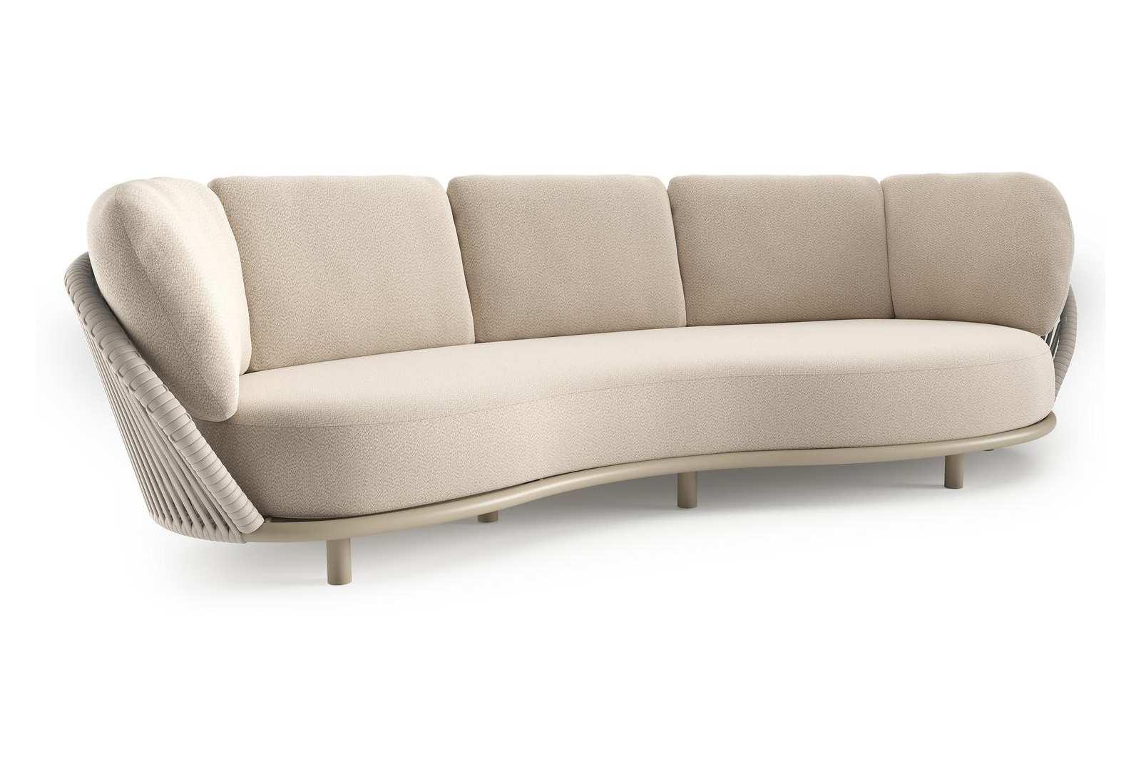 Lupino loungebank in beige aluminium en beige verticaal geweven luxe vlakke brede rope met lopi sand all weather sunbrella® luxe kussen