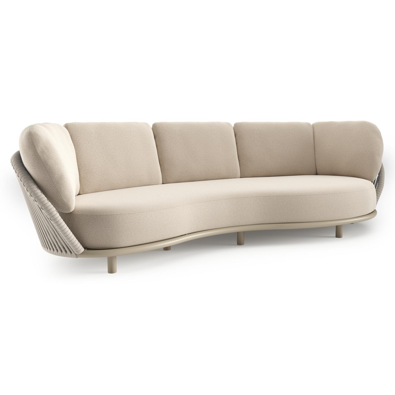 Lupino loungebank in beige aluminium en beige verticaal geweven luxe vlakke brede rope met lopi sand all weather sunbrella® luxe kussen