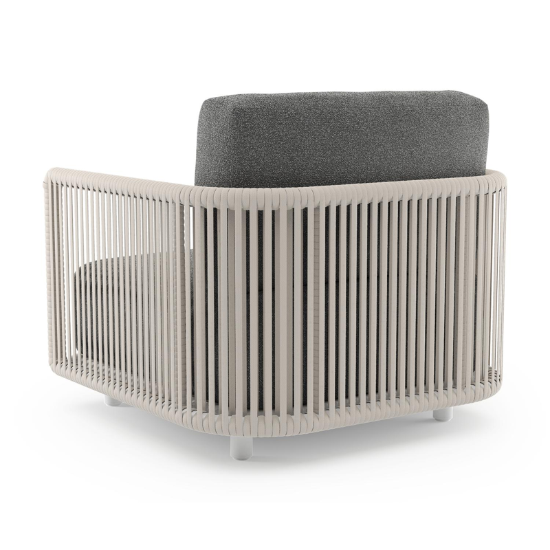 Organo loungestoel in wit aluminium en beige verticaal geweven luxe vlakke rope met catania black all weather Cosytica kussen