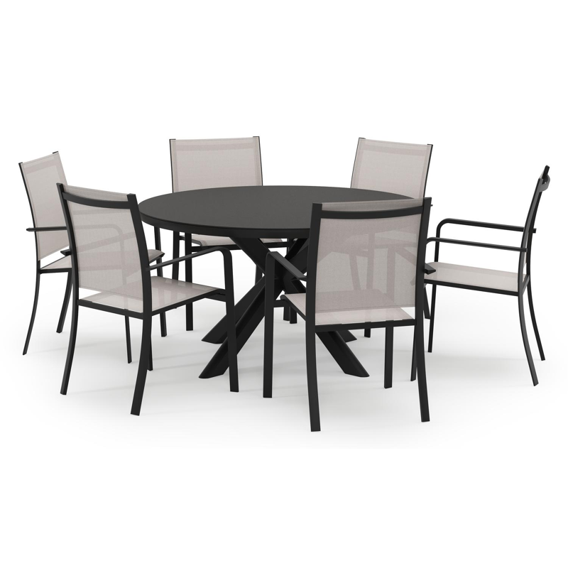 Pamplona ronde tuinset in zwart aluminium en sintered stone notte minerale met 6 Calobra tuinstoelen