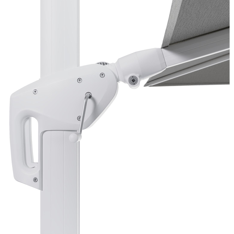 Minore zweefparasol tiltfunctie in wit aluminium en parasoldoek in All Weather Sunbrella® Luxe Savane Nimbus - L1 280 x L2: 370 cm (zonder voet)