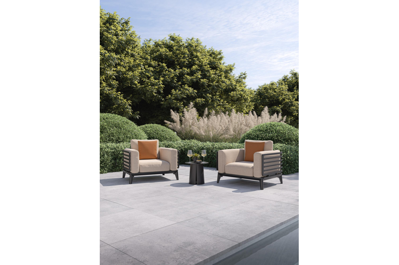 Set van 2 Mosa loungestoelen in zwart aluminium met rustic weather+ softtouch kussens