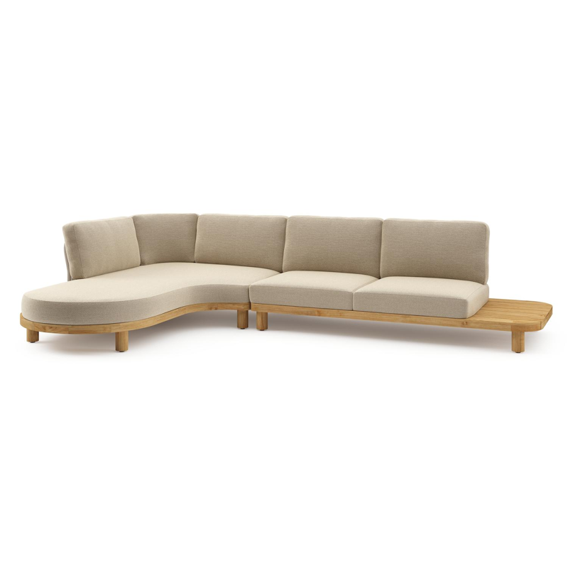Donato loungehoek in teak en beige verticaal geweven ronde rope met all weather cosytica Althea Camel kussen