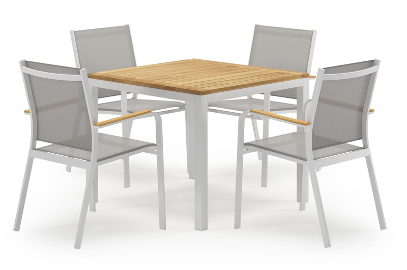 Feltro vierkante tuinset in wit aluminium en teak natural finish met 4 Amalfi tuinstoelen