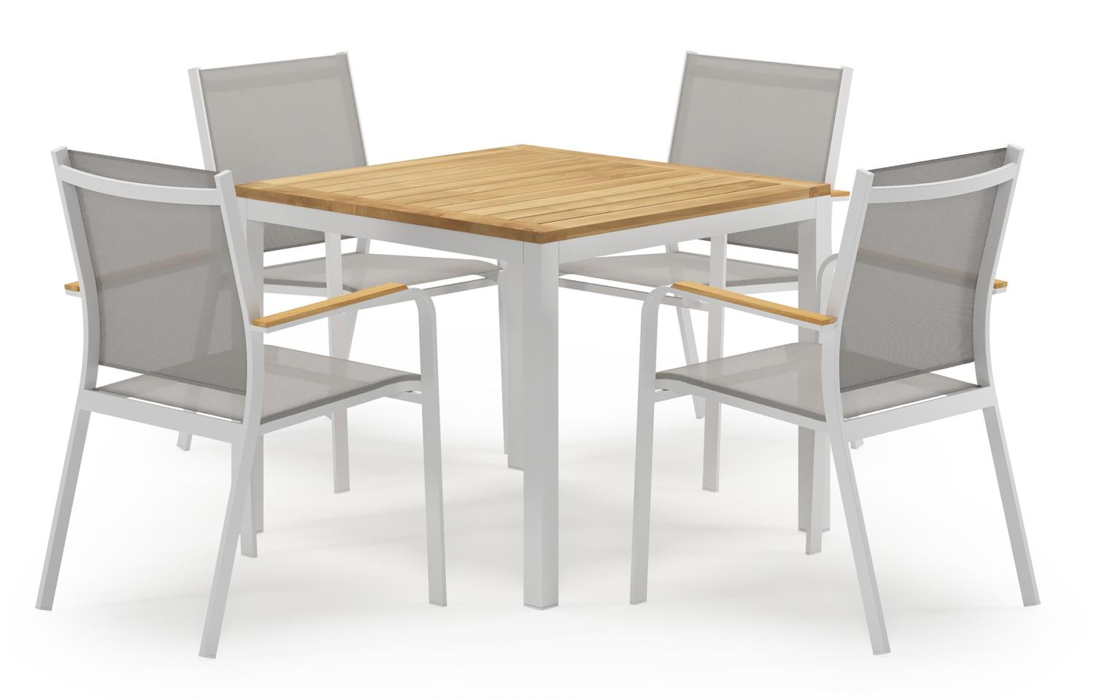 Feltro vierkante tuinset in wit aluminium en teak natural finish met 4 Amalfi tuinstoelen