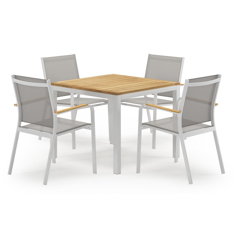 Feltro vierkante tuinset in wit aluminium en teak natural finish met 4 Amalfi tuinstoelen