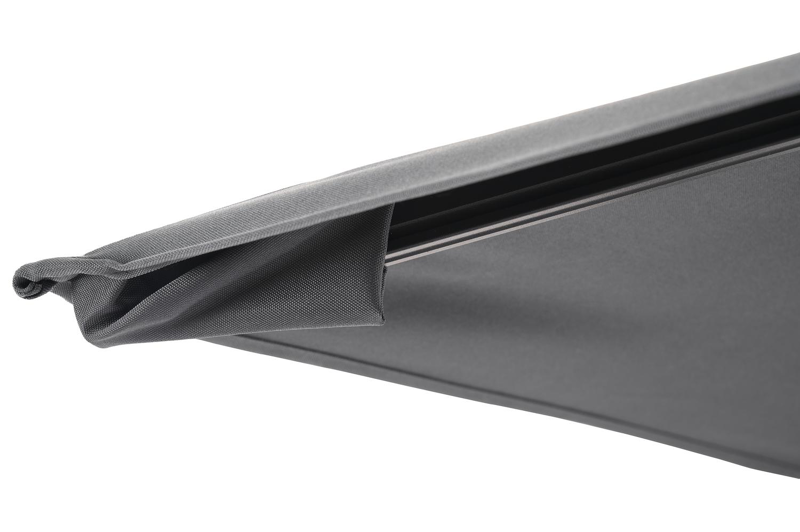 Avola zweefparasol met tiltfunctie in zwart aluminium met grijs sunbrella® premium parasoldoek - L1 200 x L2 300 cm (met voet)