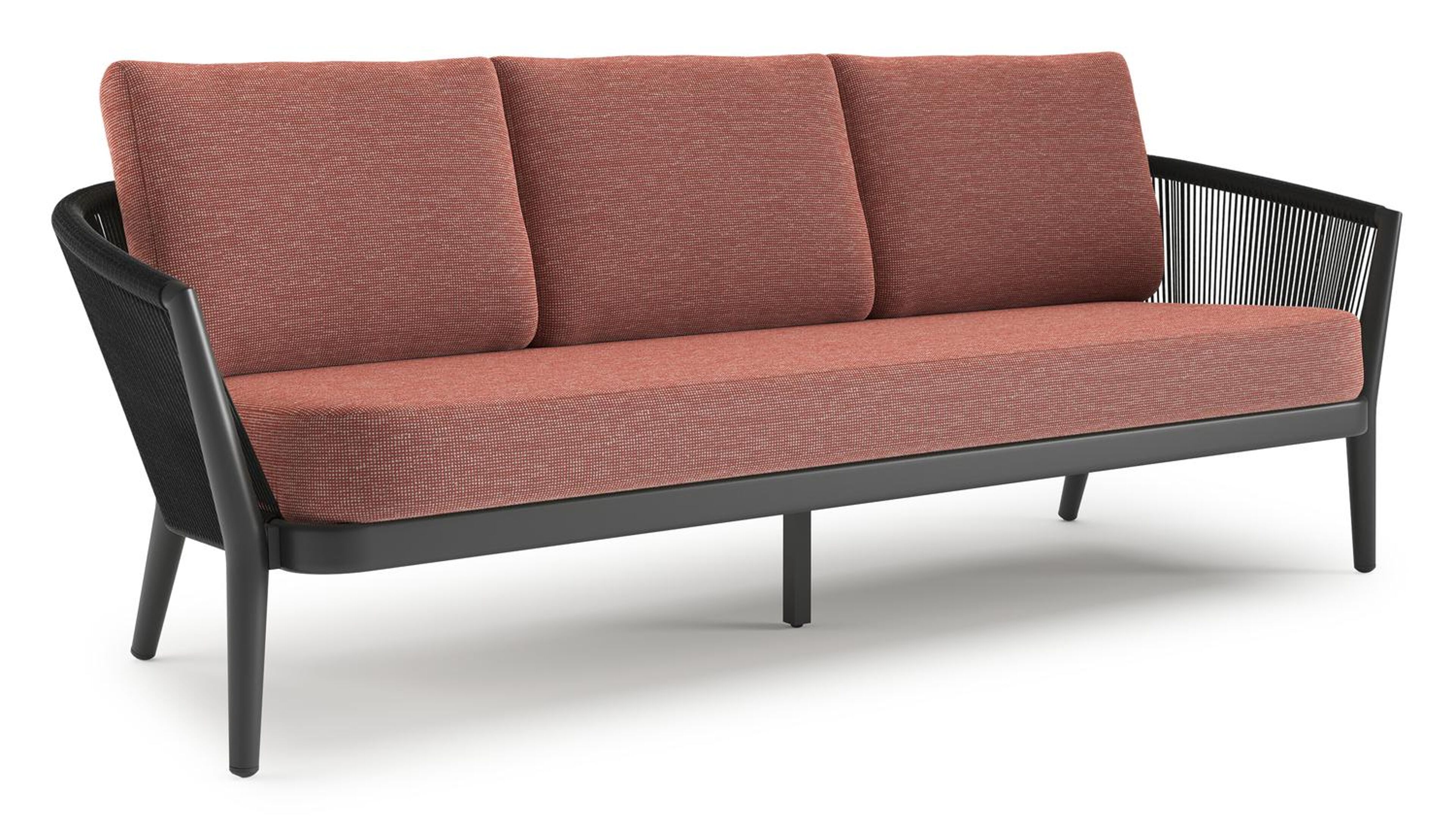 Orso loungebank in zwart aluminium en zwart verticaal geweven ronde rope met Slow Alezan all weather sunbrella® luxe kussen