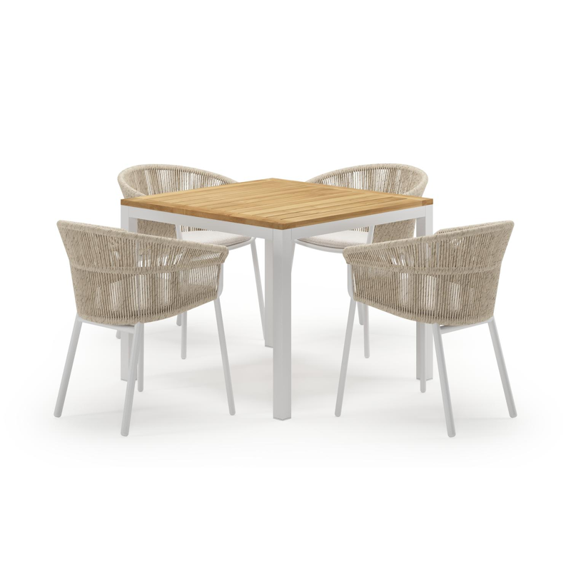 Feltro vierkante tuinset in wit aluminium en teak natural finish met 4 Matera tuinstoelen