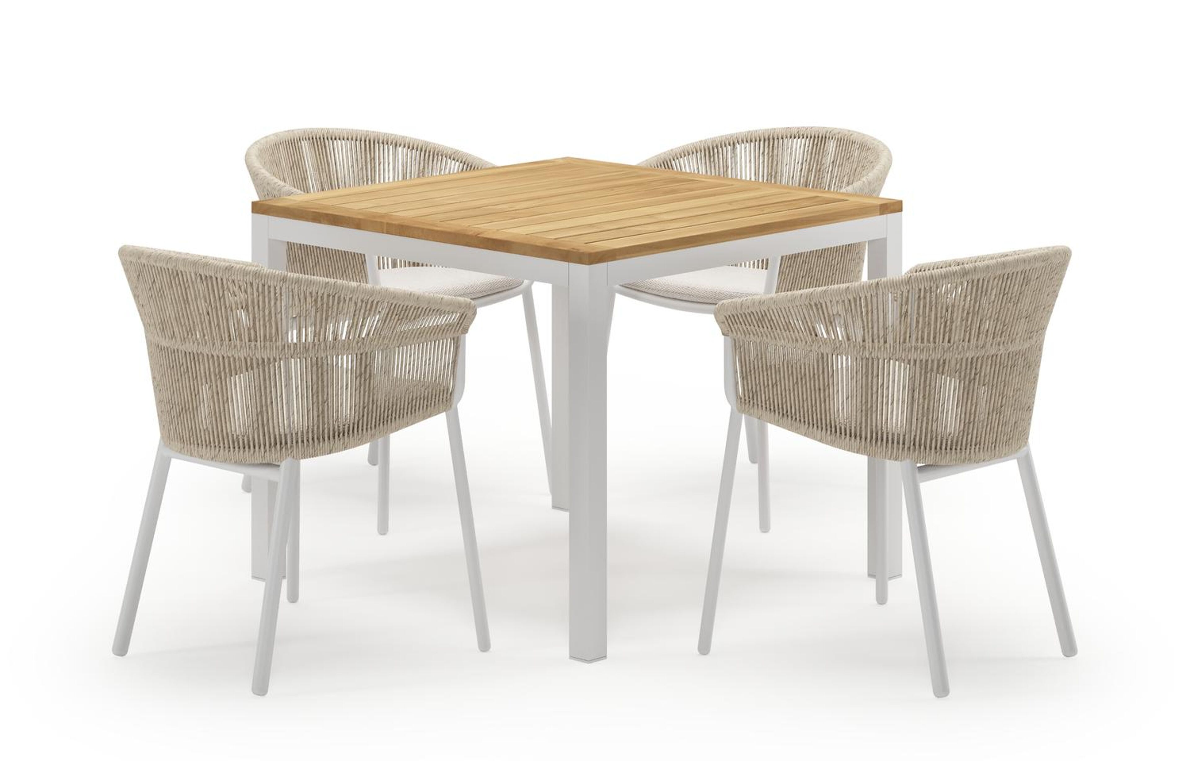 Feltro vierkante tuinset in wit aluminium en teak natural finish met 4 Matera tuinstoelen