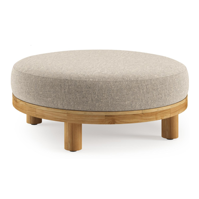 Donato lounge poef in teak en beige verticaal geweven ronde rope met all weather sunbrella® luxe Chartres Pewter kussen