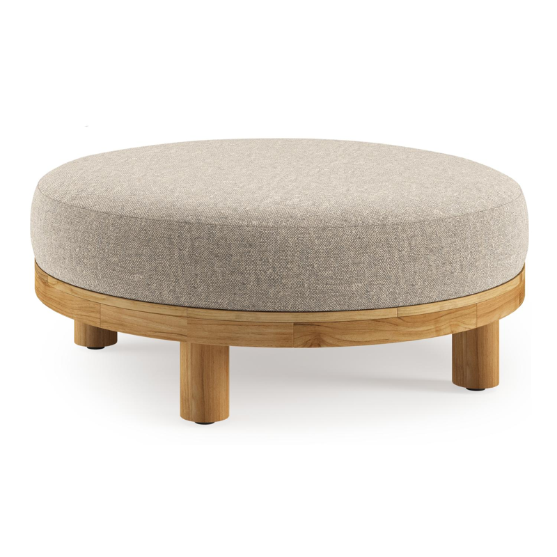 Salon de jardin pouf Donato en teck et corde ronde tissée verticalement beige et coussins en all weather sunbrella® luxe Chartres Pewter