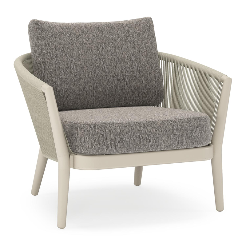Fauteuil de jardin Orso en aluminium beige en corde ronde tissée verticalement beige et coussins en all weather sunbrella® luxe Chartres Drizzle