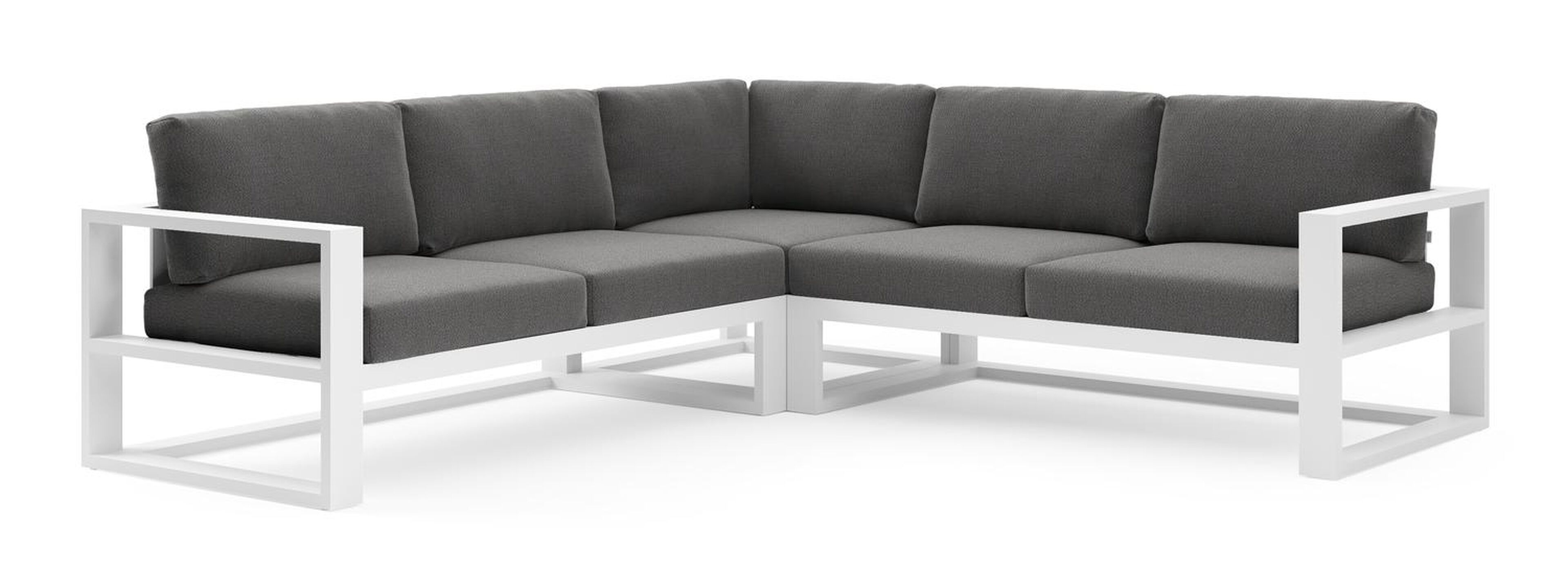 Salon de jardin d'angle Verato en aluminium blanc et coussins en all weather sunbrella® luxe savane tornado