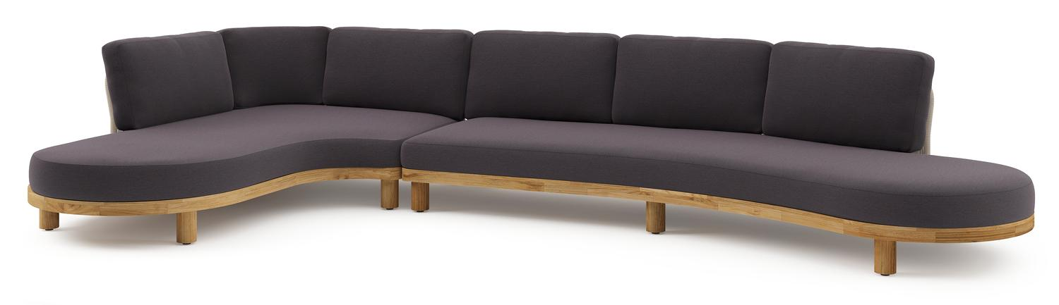 Donato loungehoek in teak en beige verticaal geweven ronde rope met all weather sunbrella® luxe Tundra Red kussen