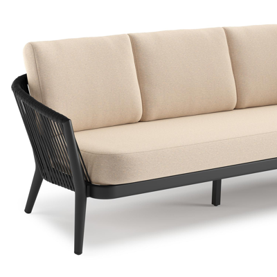 Orso loungebank in zwart aluminium en zwart verticaal geweven ronde rope met Heritage Papyrus all weather sunbrella® luxe kussen