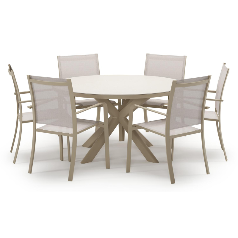 Pamplona tuinset in beige aluminium en crema minerale sintered stone met 6 stapelbare Calobra tuinstoelen