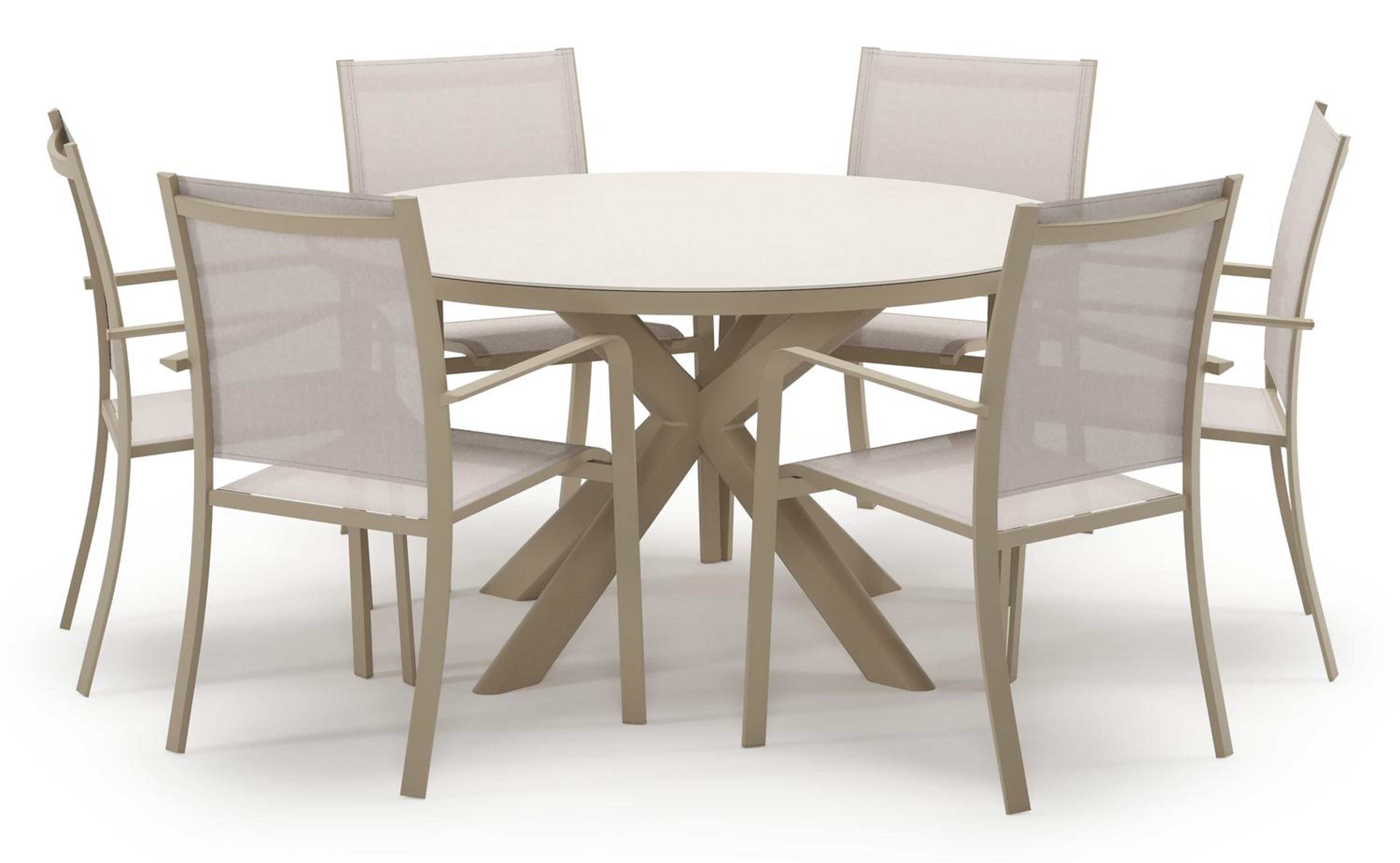 Pamplona tuinset in beige aluminium en crema minerale sintered stone met 6 stapelbare Calobra tuinstoelen