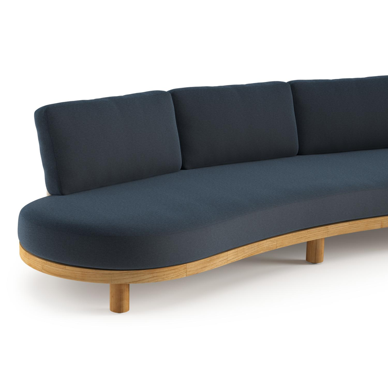 Donato loungebank in teak en beige verticaal geweven ronde rope met All Weather Sunbrella® luxe Heritage Indigo kussen