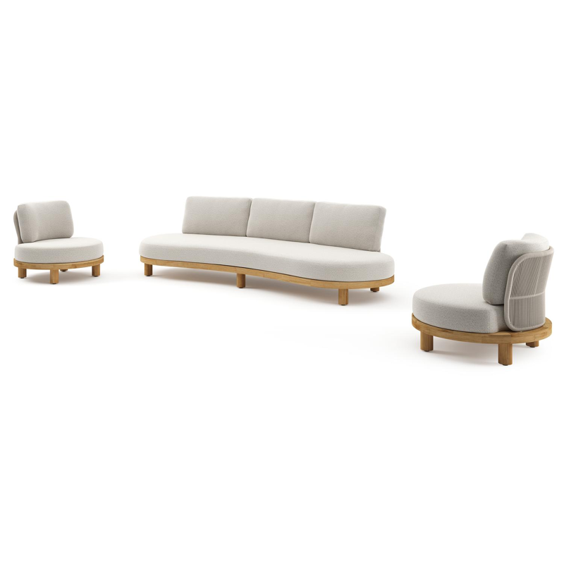 Donato loungeset in teak en beige verticaal geweven ronde rope met all weather solica Firenze Natural kussen