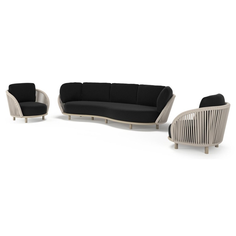 Salon de jardin Lupino en aluminium beige et corde large plate de luxe tissée verticalement beige et coussins en all weather sunbrella® luxe lopi baribal