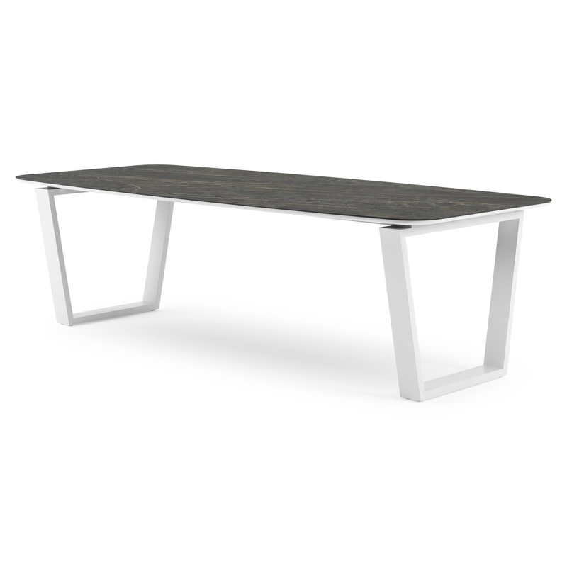 Table de jardin Pagino forme de bateau en aluminium blanc et céramique pleine Black Obsession - Lg. 255 x Lrg. 115 x Haut. 73 cm