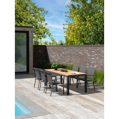 Varese tuinset in zwart aluminium en naturel teak tafelblad met 6 stapelbare Calobra tuinstoelen