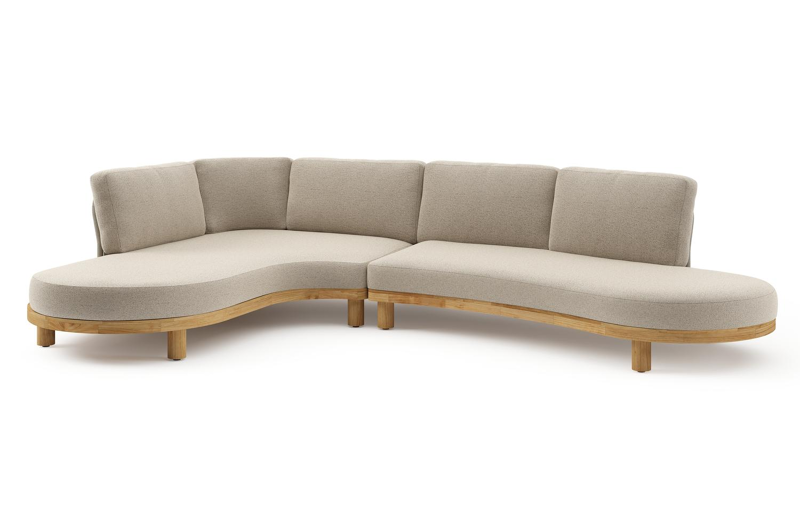 Donato loungehoek in teak en beige verticaal geweven ronde rope met all weather cosytica Marbella Beige kussen