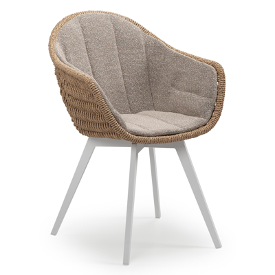 Chaise de jardin Pagino en aluminium blanc et résine tressée ronde naturel avec coussin en All Weather Sunbrella® Luxe Wander Manioc