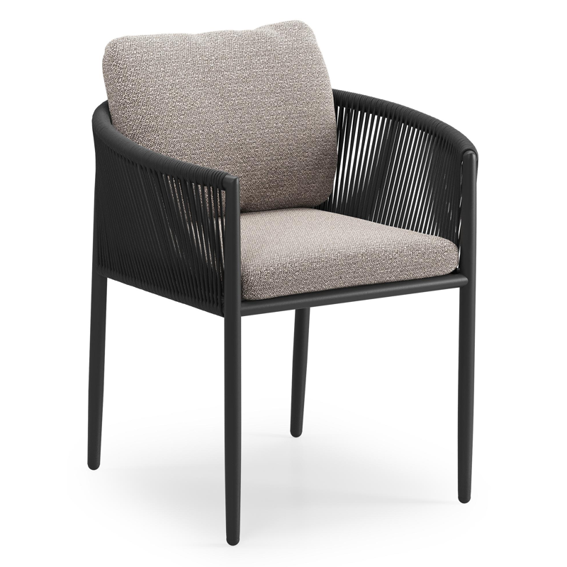 Organo tuinstoel in beige aluminium en beige verticaal geweven ronde rope met stoelkussen in All Weather Sunbrella® Luxe Wander Granite