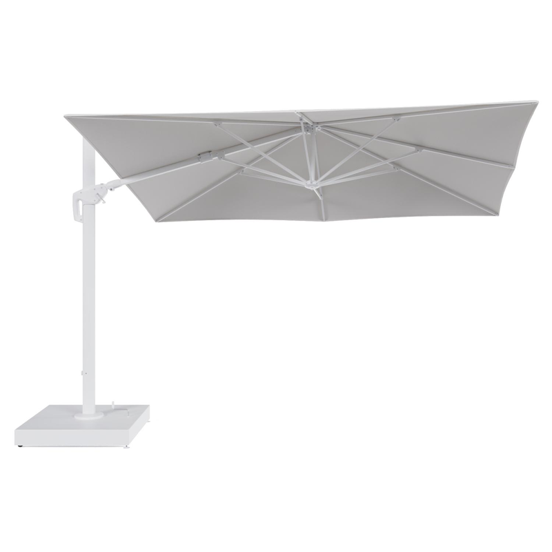 Parasol pendant Minore avec fonction tilt en aluminium blanc et toile de parasol All Weather Sunbrella® Luxe Soul Optik - Lg.1: 280 x Lg.2: 370 cm avec pied de parasol Minore 260 kg avec roulettes