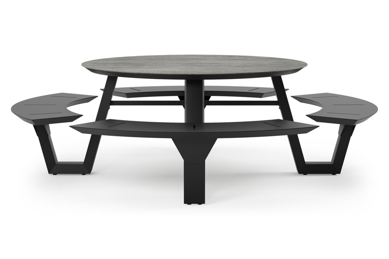 Rondino picknicktafel in zwart aluminium en volkeramiek aspen grey tafelblad - Ø 236 x H 71,5 cm