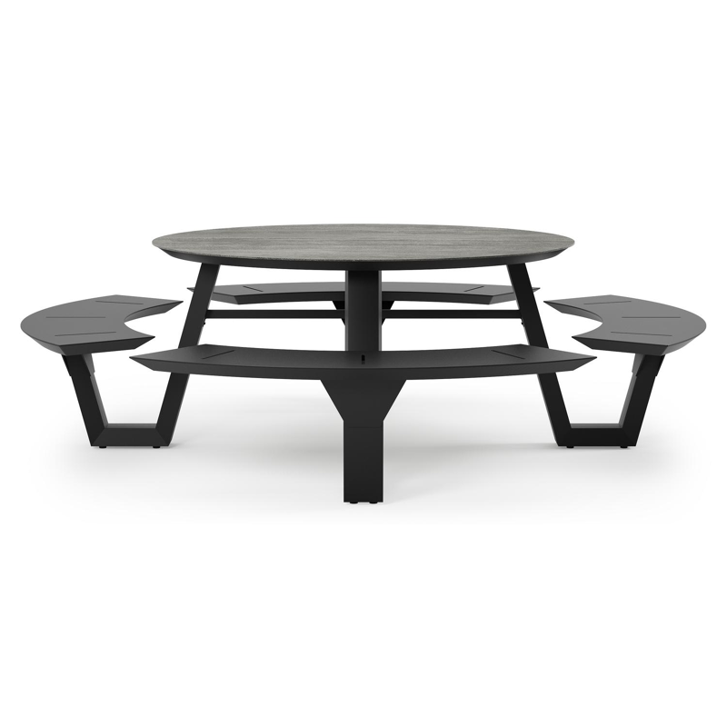 Rondino picknicktafel in zwart aluminium en volkeramiek aspen grey tafelblad - Ø 236 x H 71,5 cm