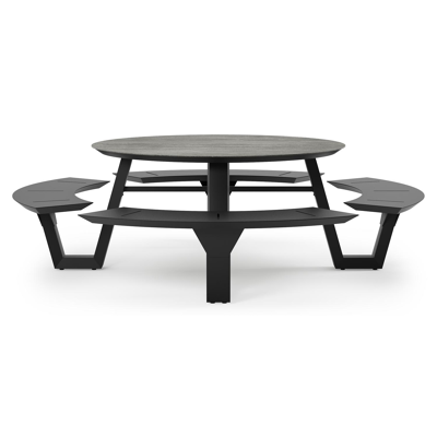 Rondino picknicktafel in zwart aluminium en volkeramiek aspen grey tafelblad - Ø 236 x H 71,5 cm