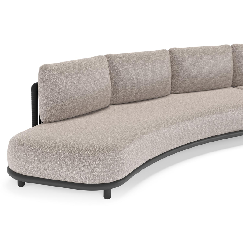 Lomano loungehoek in zwart aluminium en zwart verticaal geweven luxe vlakke rope met wander granite all weather sunbrella® luxe kussen