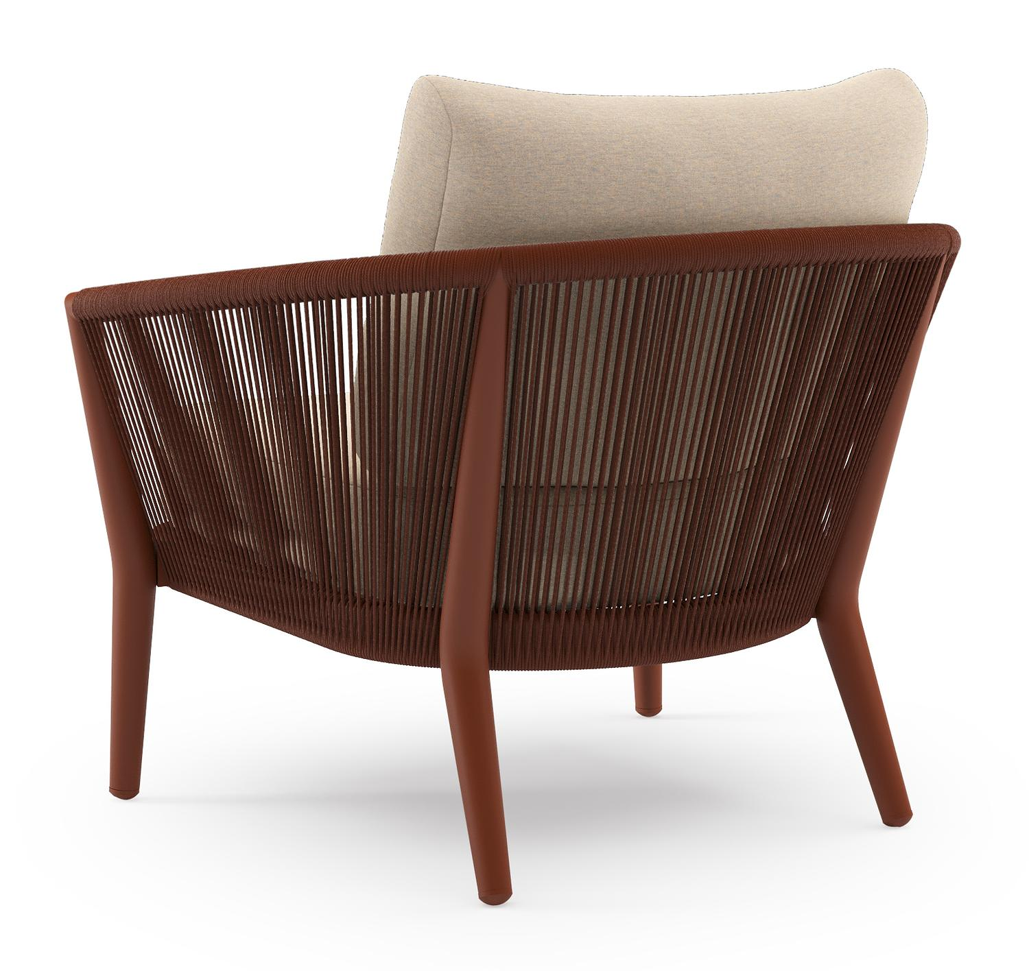 Orso loungestoel in roestbruin aluminium en roestbruin verticaal geweven ronde rope met Heritage Papyrus all weather sunbrella® luxe kussen