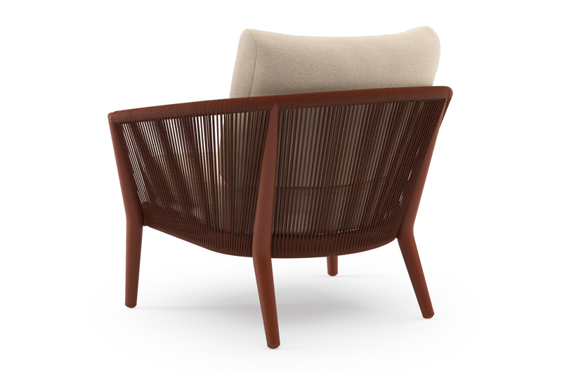 Orso loungestoel in roestbruin aluminium en roestbruin verticaal geweven ronde rope met Heritage Papyrus all weather sunbrella® luxe kussen