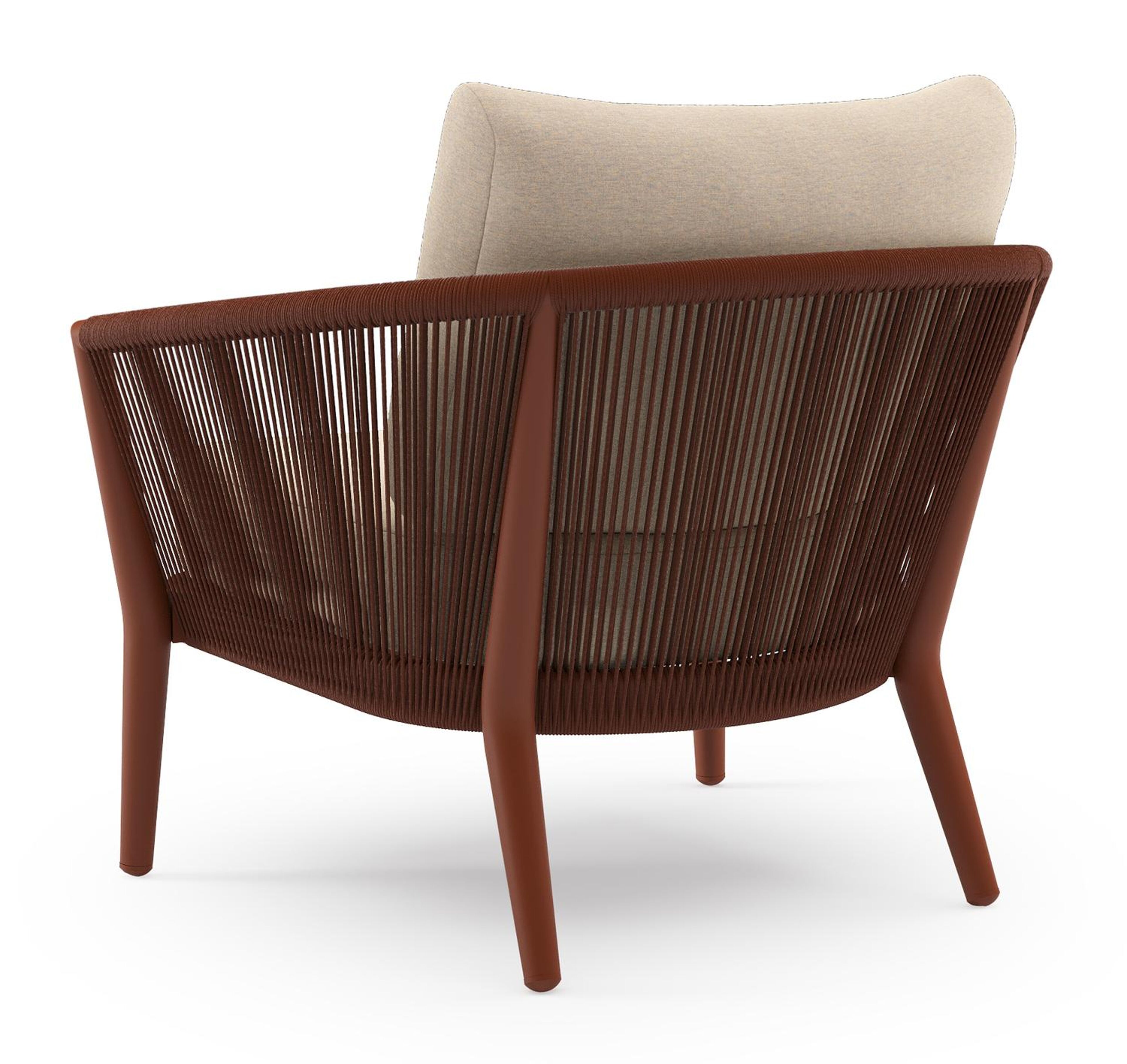 Orso loungestoel in roestbruin aluminium en roestbruin verticaal geweven ronde rope met Heritage Papyrus all weather sunbrella® luxe kussen